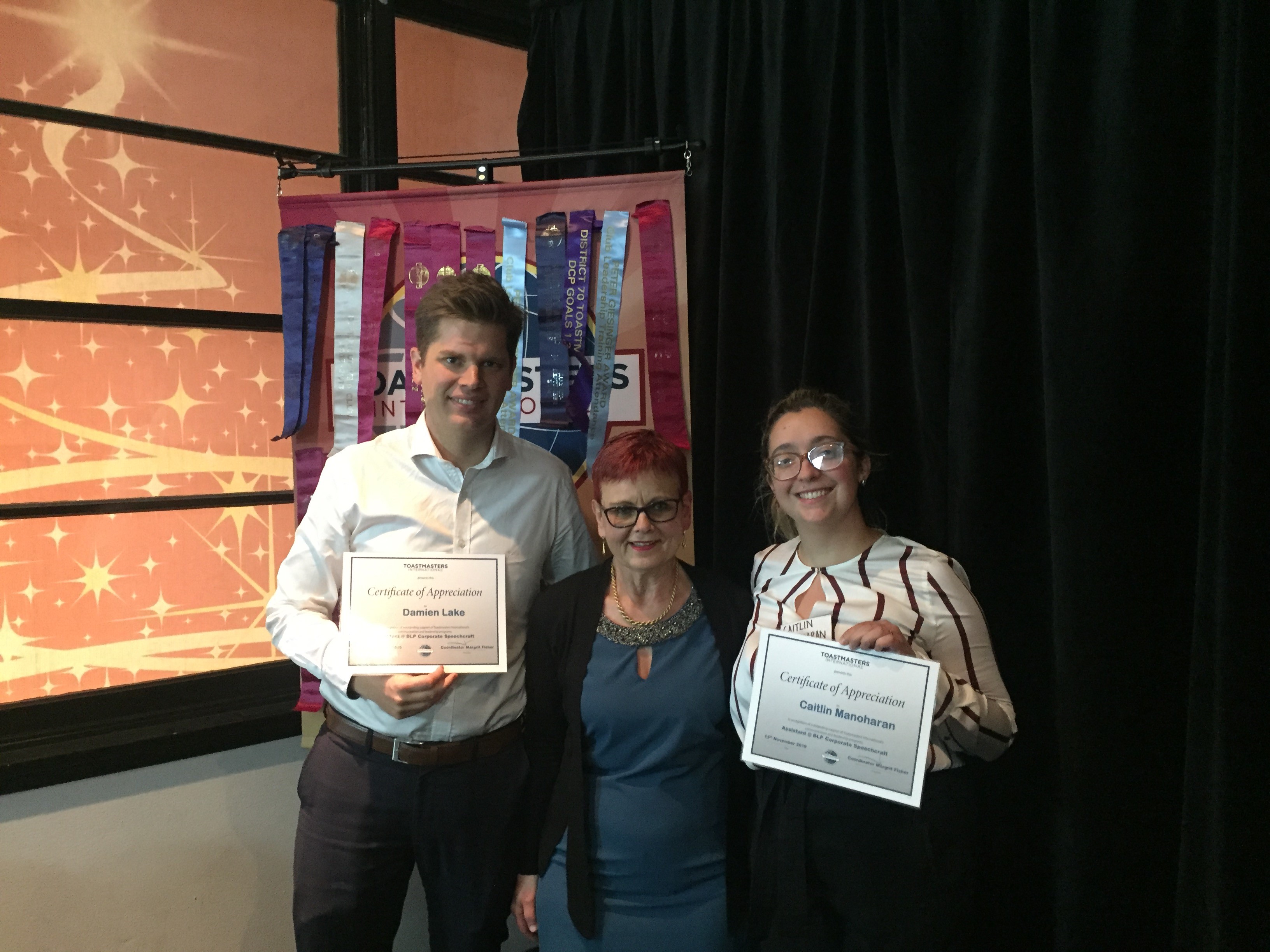 Damien Lake and Caitlin Manoharan certificates of appreciation for speechcraft by Margrit Fisher
